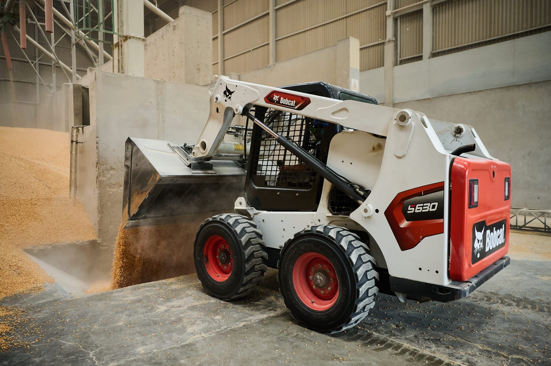 Minicargador transporta maíz para recepción de materias primas en planta.