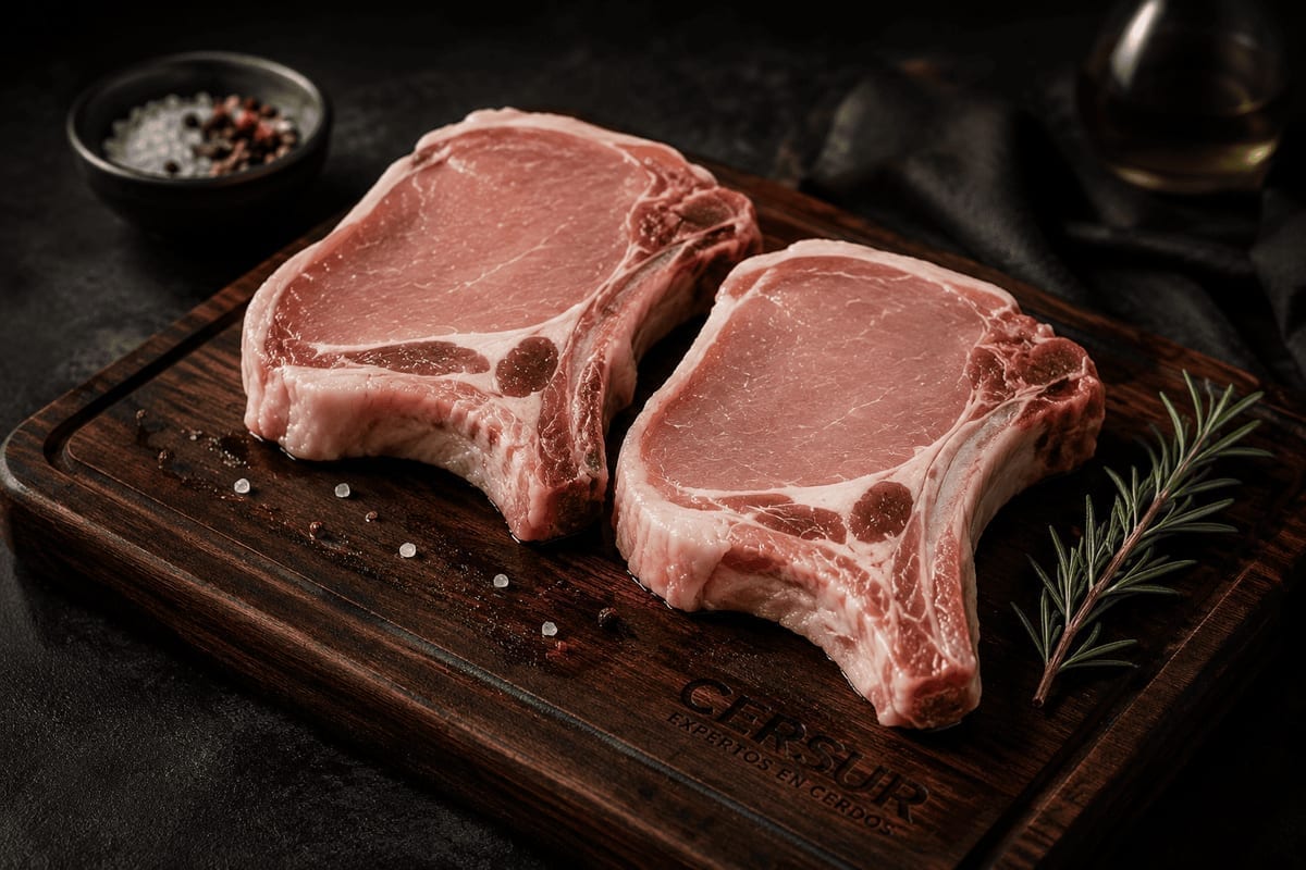 Chuleta Duroc cruda en tabla de cocina — línea premium CERSUR.