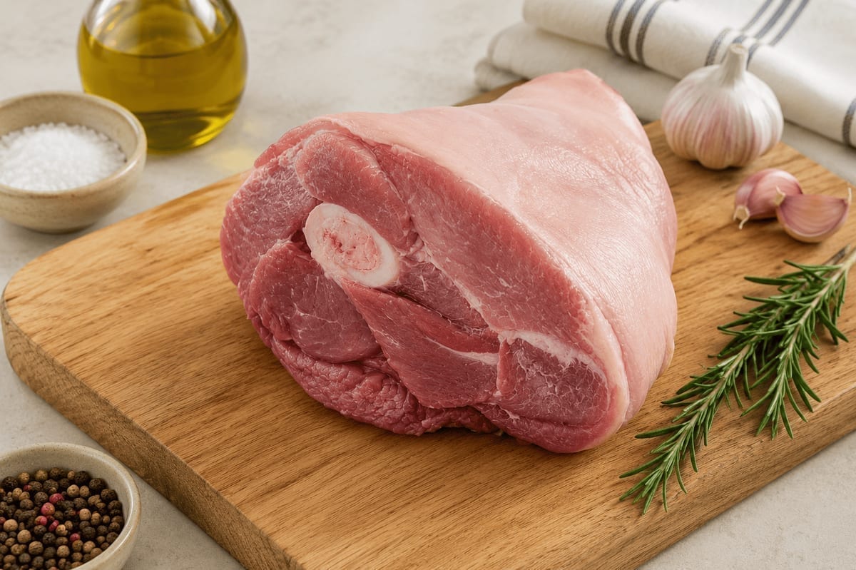 Corte de cerdo crudo en tabla de cocina — codo con hueso y condimentos.